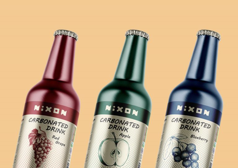 Nixon three beverage bottles mockup for label logo and packaging design preview.